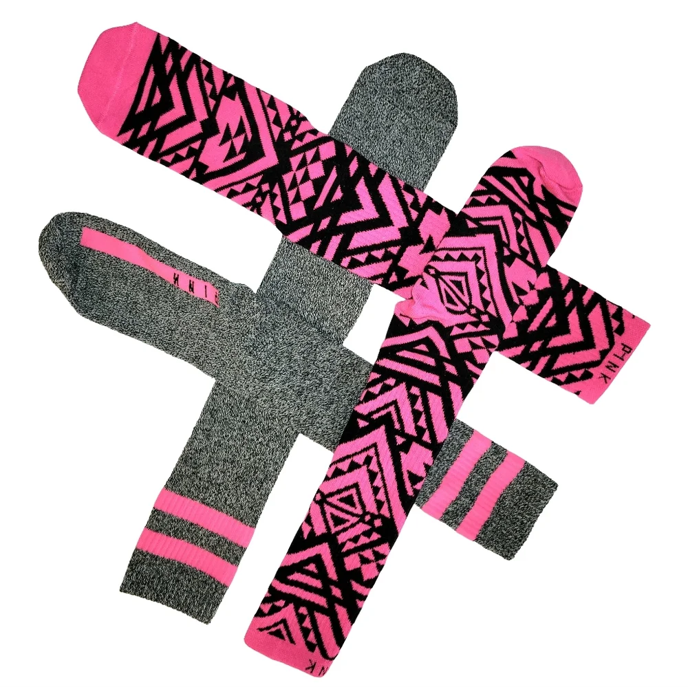 VS Pink 2 Pair Knee High Socks Bundle - Gray/Pink & Black/Pink Tribal Print